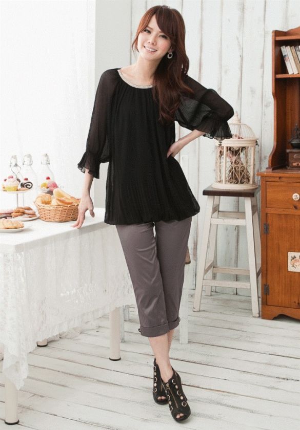   women 3/4 sleeve rhinestone collar pleated chiffon top QB9816  