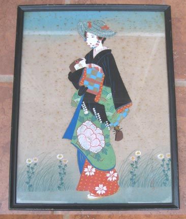 Vintage PAINTING On Silk,GEISHA,C.1920,Instrument,Frame  