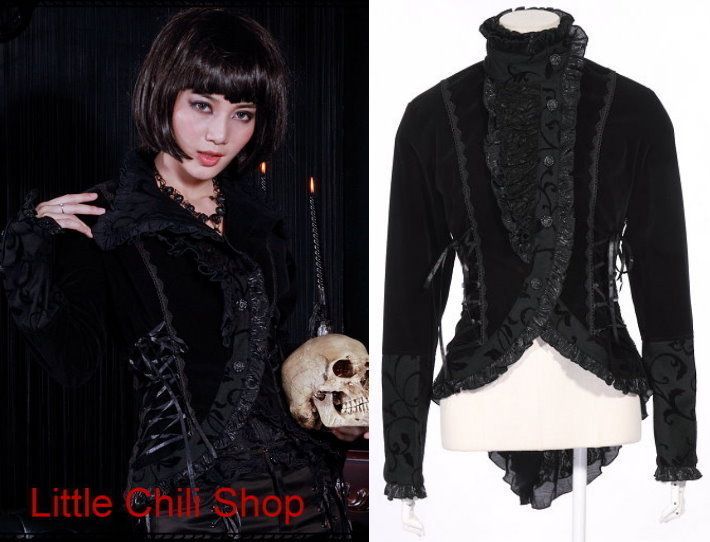 21120 Kera GOTHIC VISUAL KEI BLK PUNK BLACK LACE DOLLY Coat JACKET 