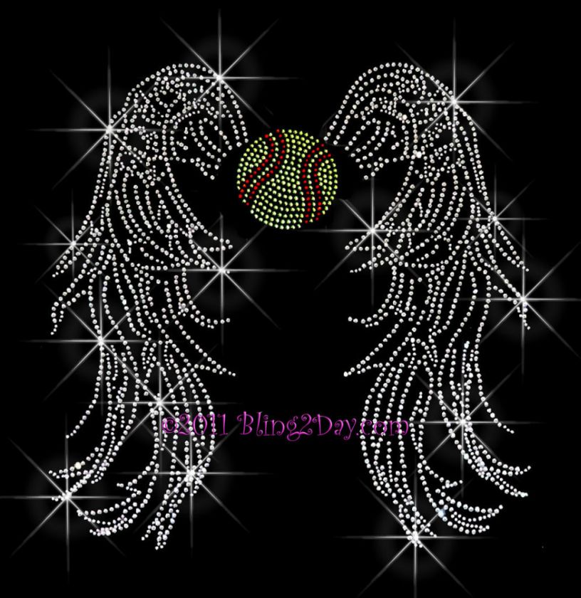 SOFTBALL ANGEL WINGS RHINESTONE IRON ON TRANSFER SPORT  