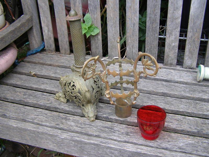 ANTIQUE BRASS GARGOYLE RED CRYSTAL CHURCH CANDLE HOLDER  