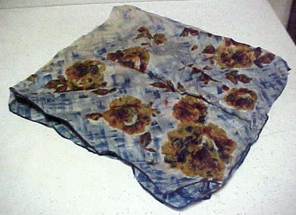 Vintage Lee Fashion Rayon Scarf BLUE w/GOLDEN FLOWERS  