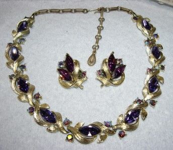 Vntg LISNER Purple Rhinestone Necklace & Earrings~Set  