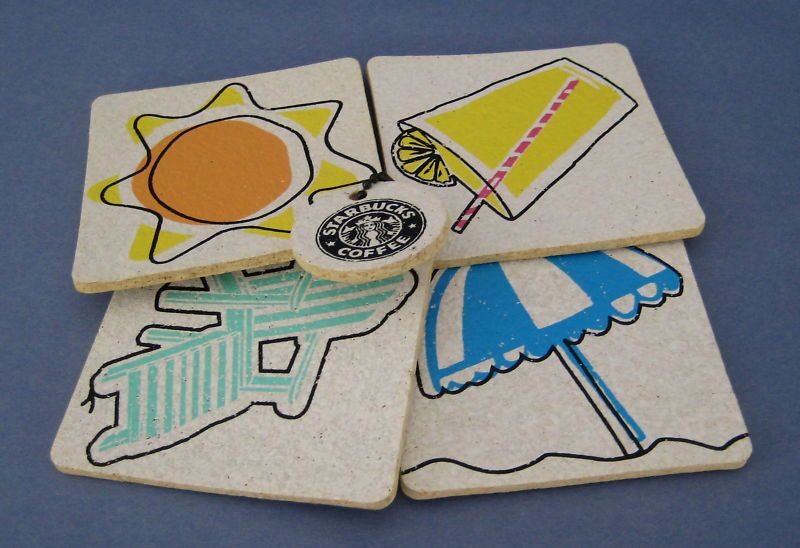 Starbucks Coffee Set 4 Coasters Lemonade Beach Sun Cork  