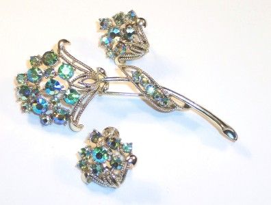 CORO 50s AB Peridot Rhinestone Brooch & Earring Set  