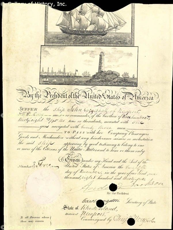 ANDREW JACKSON   WHALING SHIPS PAPERS SIGNED  