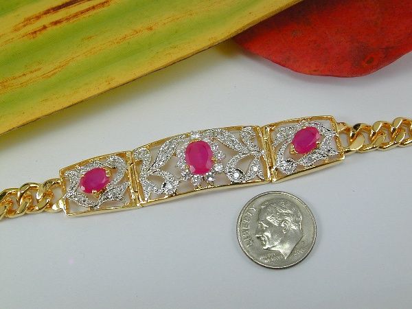 MAGNIFICENT RUBY CZ 24K Yellow & 18K White Gold GP Thai Bracelet 6.75 