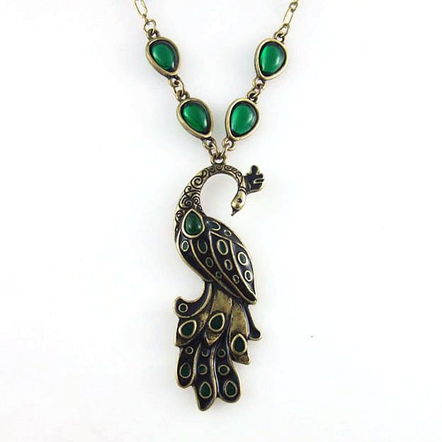 Antique Look Enameled Peacock Pendant Choker Necklace  