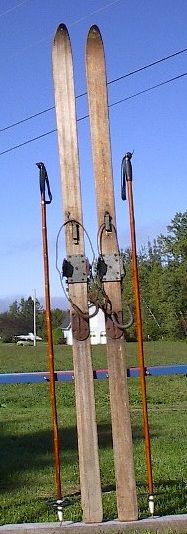 VINTAGE Wooden Skis 82 Long + Bamboo Poles ANTIQUE  