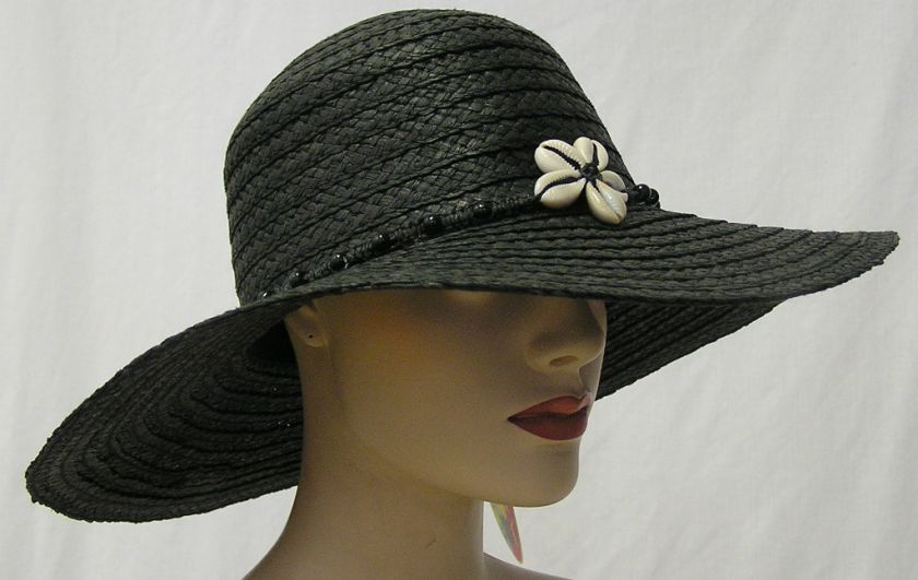 Black Beach Sun Straw Hat Cowry Shell Flower New Scala  