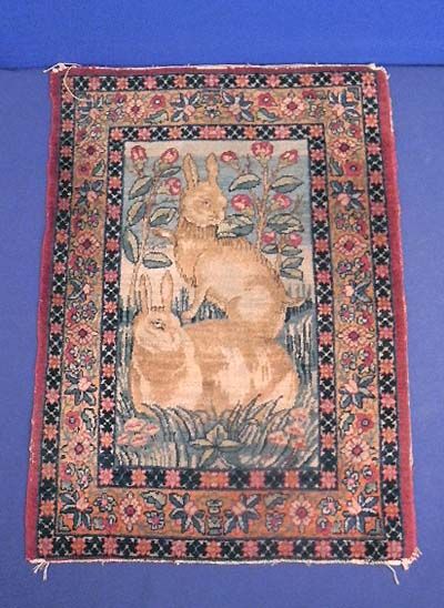   Pictorial Kerman Oriental Rug ca. 1910 Rabbits 2 x1.5 Mat Bag Face