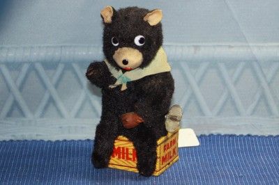 Vintage Line Mar ? Mechanical Wind Up Bear on Tin Litho Milk Box Works 