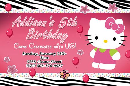 HELLO KITTY ZEBRA BIRTHDAY PARTY INVITATION 1ST BABY SHOWER CARD 