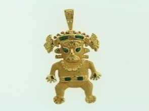 Peru Peruvian God Pendant 18k Yellow Gold With Jade  