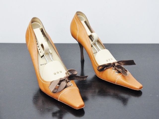   Eyelets Bows Stitched Caramel Brown Leather Shoes Pumps Sz 36 6  