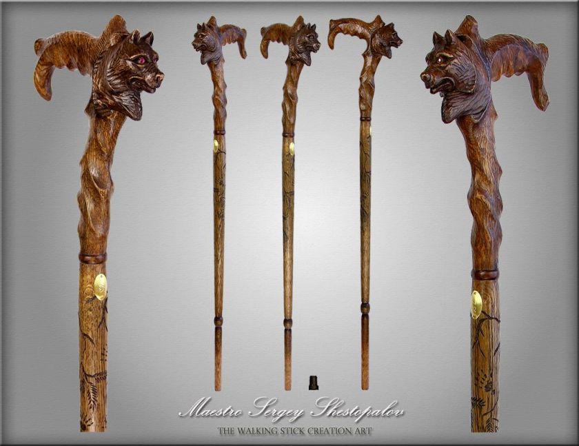   WOLF HEAD HANDLE CARVED REAL OAK WOOD WALKING STICK CANE 35 38  