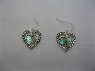 New Silver Abalone Marcasite Chunky Heart Necklace Set  