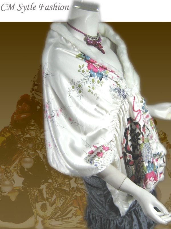 Way Faux Fur Shawl Stole White / Oriental Print OS  