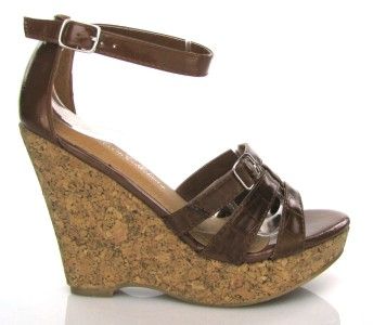 BLOSSOM MARCHI 9 TAN BROWN STRAPPY CORK PLATFORM WEDGE  