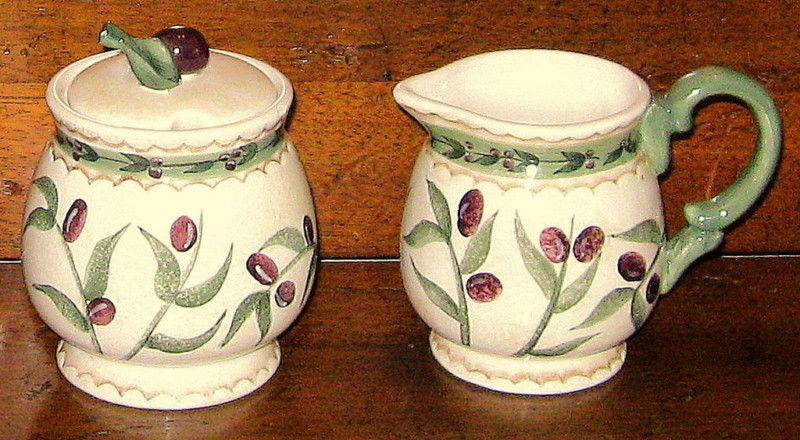 ONEIDA Hand Painted Ceramic OLIVETO SUGAR & CREAMER Set  