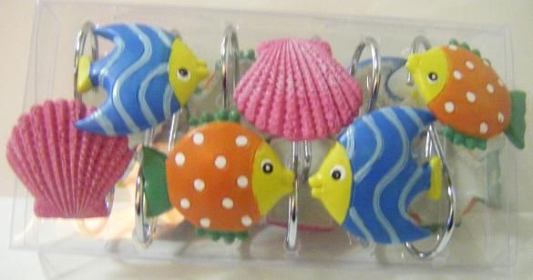 12 SHOWER CURTAIN HOOKS RING MONKEYS FISHES BASKETBALL  