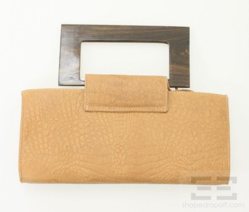 Zina Eva Saddle Brown Croc Deerskin Leather & Wood Ellie Clutch NEW 