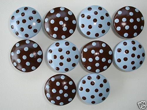 10 LIGHT BLUE & BROWN POLKA DOT DRAWER KNOBS PULLS  