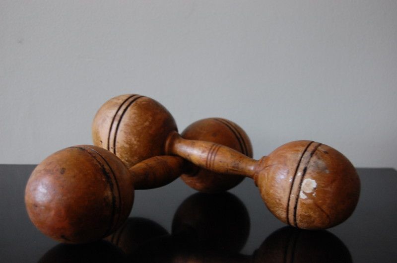 Pair Antique Wood Dumbbells Vintage Original Finish  