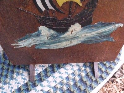   Older Vintage Wood Fireplace Screen Cover Folk Art Painted Ship  