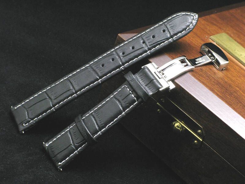 20mm Leather watch strap Black Croco DEPLOYMENT CLASP  