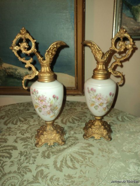 ANTIQUE Victorian Bristol Glass w/ Wild ROSES & Metal EWERS Pair 