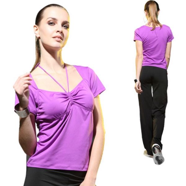 Purple Rouch Sports Shelf Bra Short Sleeve Top/Black Straigh Leg Pants 