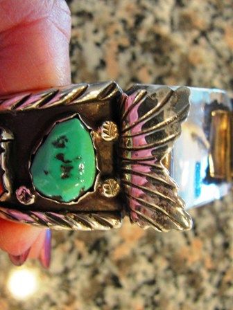 ZUNI INDIAN ANGIE C. STERLING SILVER TURQUOISE & CORAL MANS WATCHBAND 