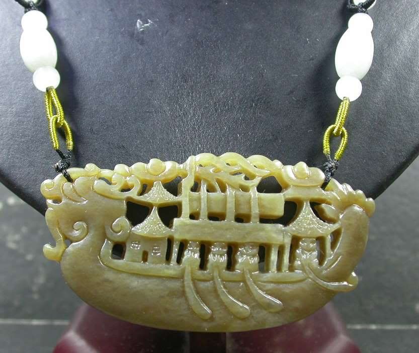   Natural Hetian Nephrite Jade pendant Dragon Sailboat Necklace 336960