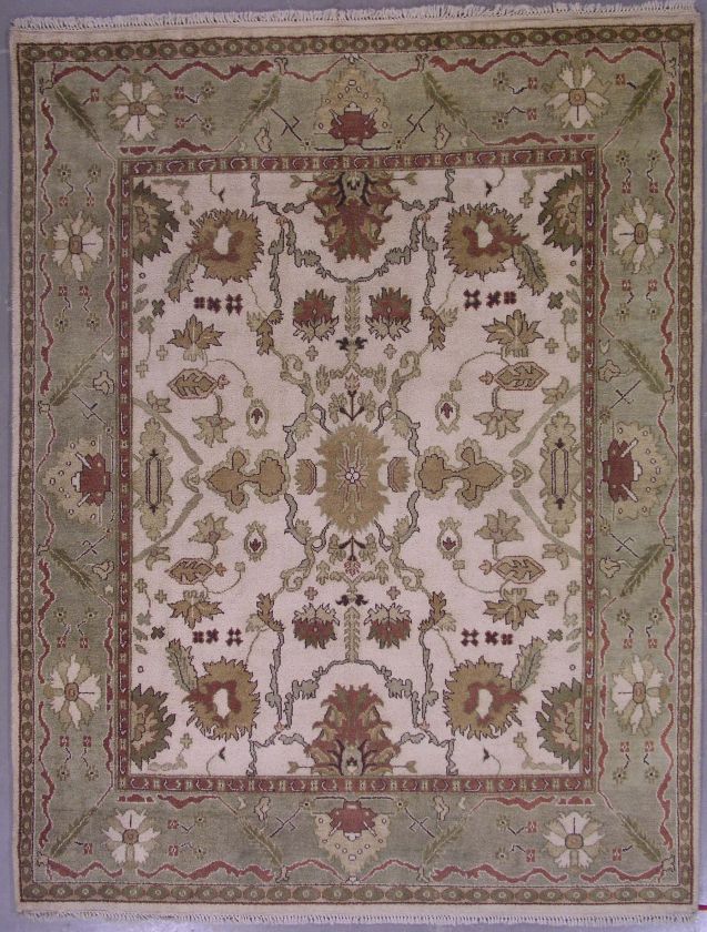 8x10 IVORY GREEN WOOL ON WOOL TURKISH OUSHAK HAND KNOTTED AREA RUG 