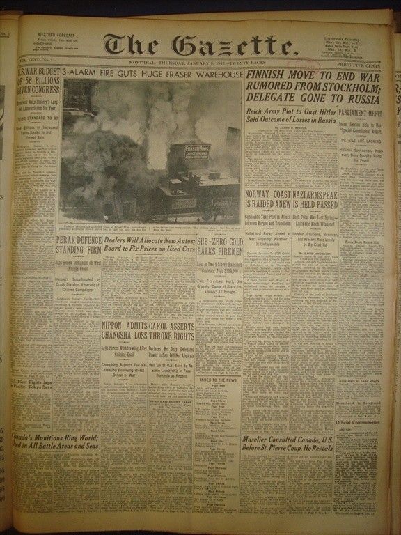 0512408PQ Montreal Gazette Finnish Move End War January 8 1942 WW ll 