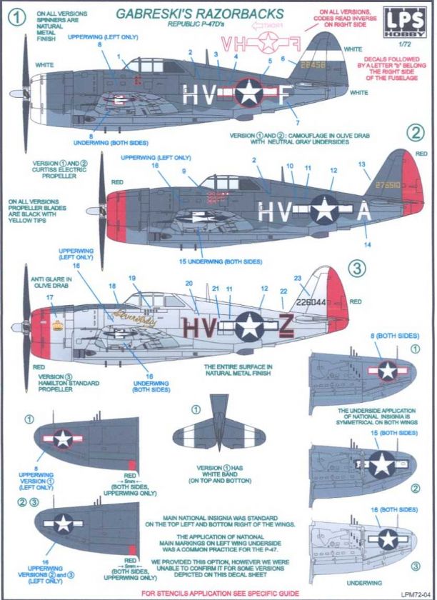   Decals 1/72 GABRESKIS P 47D RAZORBACK THUNDERBOLT Markings & Stencils