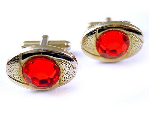   Oval Gold Tone & Light Red Stone Cufflinks Retro Mens Suit Cuff Links