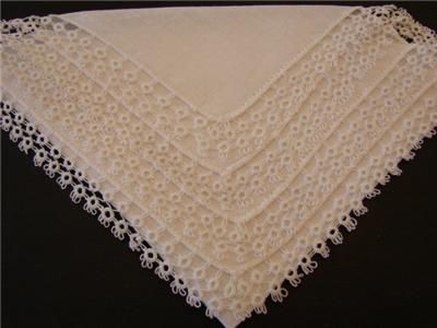 VINTAGE IRISH LINEN HANDKERCHIEF WHITE TATTING TATTED TRIM UNUSED 