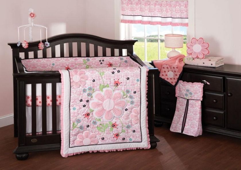 CAMILLE 9pc Crib/Nursery Set Pink Daisy Garden Flowers  