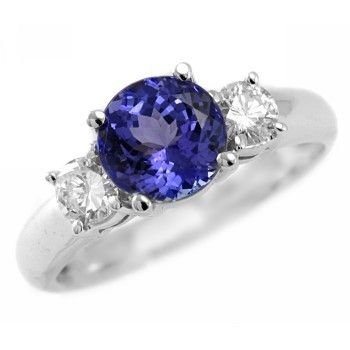   TANZANITE & DIAMOND 14k WHITE GOLD THREE STONE ENGAGEMENT RING  