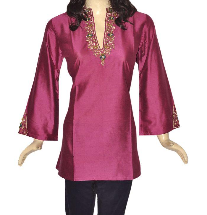   Cotton Silk Womens Top Deep Neck Kurta Kurti Indian Tunic 4  