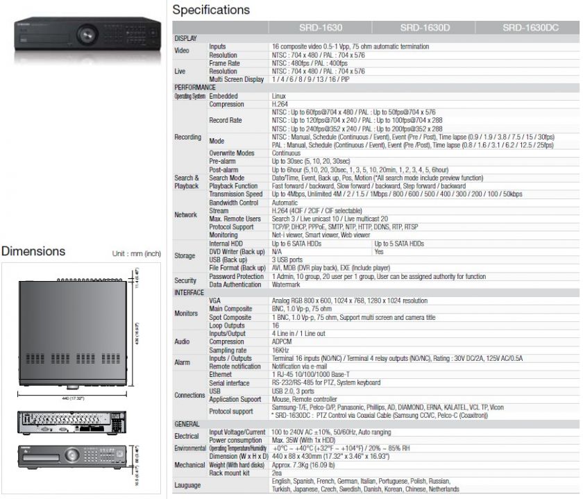 SAMSUNG SECURITY 16CH DVR H.264 DVD PTZ 500GB SRD 1630D  