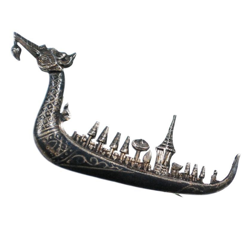 Vintage Sterling Silver   Siam Thai Dragon Boat Ship   Brooch XA870 