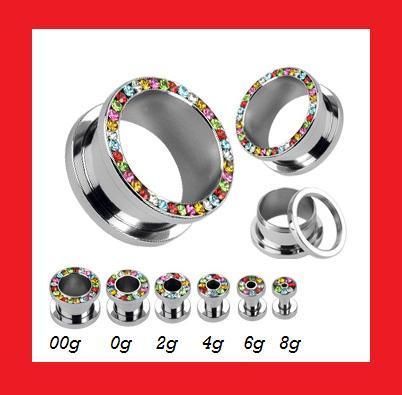 Gauge Plugs Multi Colored Rainbow Gem CZ Rimmed Screw On Tunnels 