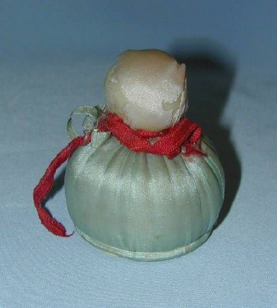 Antique Pincushion Celluloid Babys Head Stuffed Dress