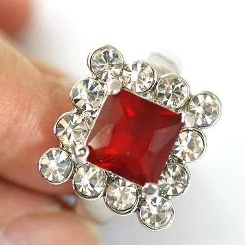 r7578 Size 8 Square 14K White GP Cute Red Ruby Diamante CZ Ring 