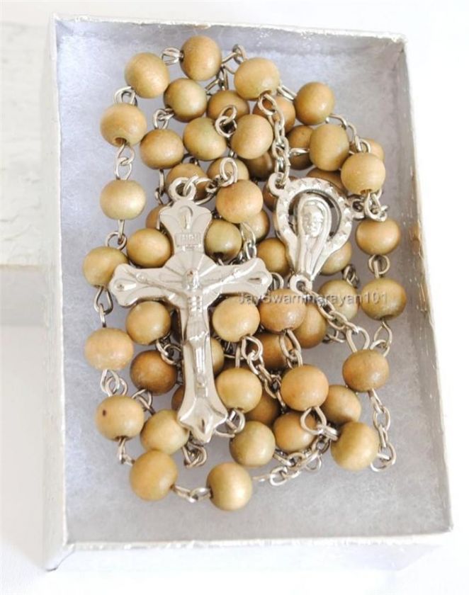 Wooden Rosary Necklace Beaded Chain Silver Ton Crucifix  